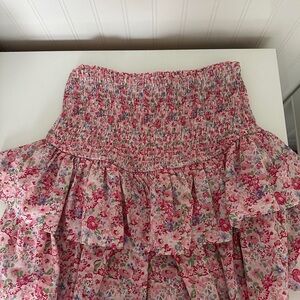 Pink Floral Smocked Waist Tiered Maxi Skirt